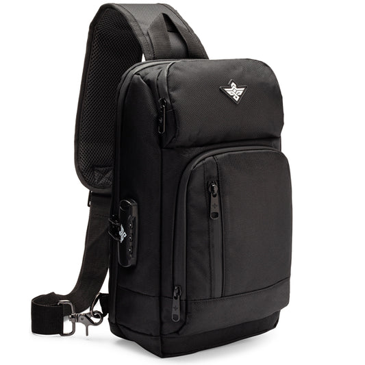 Erozul Equinox Smell Proof Sling Bag with combination lock, multiple zippered compartments, and clipped-on accessory, shown upright on a white background.