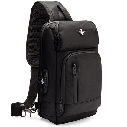 Erozul Equinox Smell Proof Sling Bag with combination lock, multiple zippered compartments, and clipped-on accessory, shown upright on a white background.