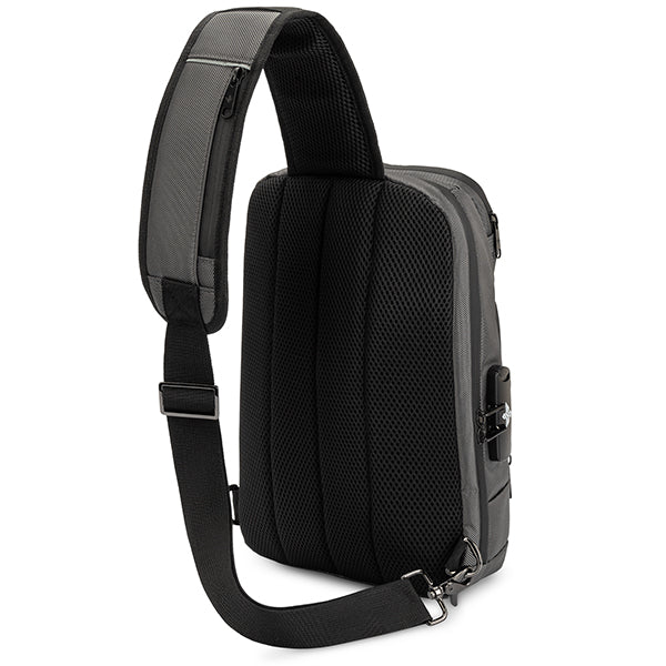 The Erozul Equinox Smell Proof Sling Bag features black and gray design, a wide padded shoulder strap with zipper compartment, mesh back panel, and secure combination lock.