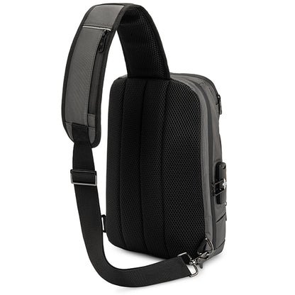 The Erozul Equinox Smell Proof Sling Bag features black and gray design, a wide padded shoulder strap with zipper compartment, mesh back panel, and secure combination lock.