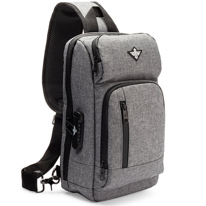 The Erozul Equinox Smell Proof Sling Bag features a gray design, multiple zippered compartments, adjustable padded strap, top pouch logo, enhanced anti-theft security, and a combination lock.