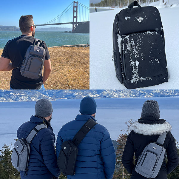A man near the Golden Gate Bridge with an Erozul Equinox Smell Proof Sling Bag, a black TSA-approved Erozul backpack in snow, and three people by a snowy lake with Erozul anti-theft sling bags.