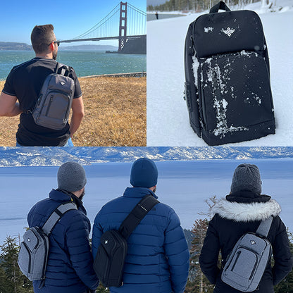 A man near the Golden Gate Bridge with an Erozul Equinox Smell Proof Sling Bag, a black TSA-approved Erozul backpack in snow, and three people by a snowy lake with Erozul anti-theft sling bags.