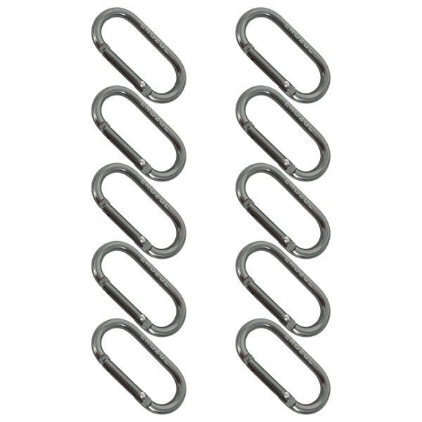 Ten identical Erozul Aluminum Anodized Snap Hook Keyring Carabiners are displayed in two vertical columns against a white background, ideal for everyday carry.