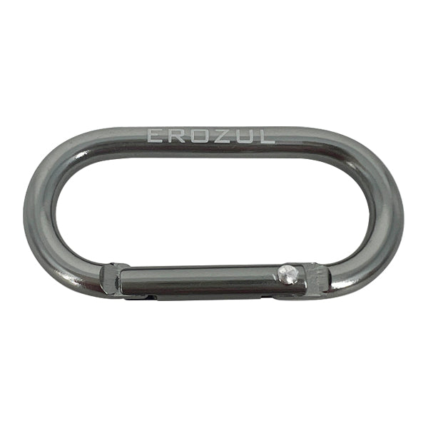 The Erozul Aluminum Anodized Snap Hook Keyring Carabiner features a silver, oval-shaped design with a spring-loaded gate and EROZUL engraved on top, ideal for EDC and part of the Erozul Arsenal.