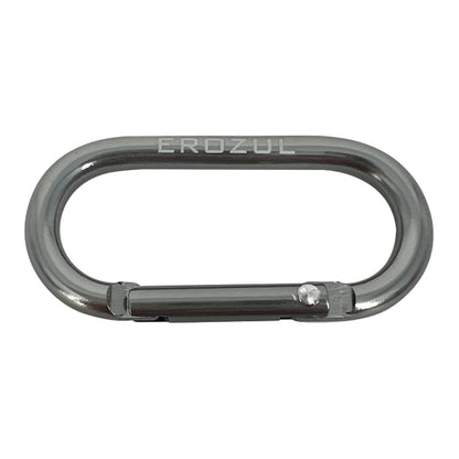 The Erozul Aluminum Anodized Snap Hook Keyring Carabiner features a silver, oval-shaped design with a spring-loaded gate and EROZUL engraved on top, ideal for EDC and part of the Erozul Arsenal.