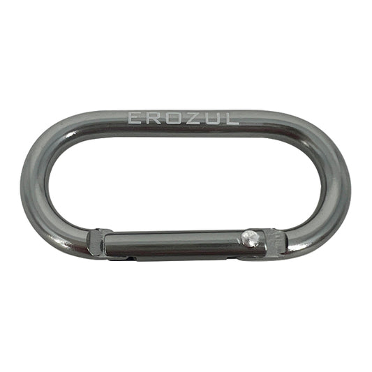 The Erozul Aluminum Anodized Snap Hook Keyring Carabiner features a silver, oval-shaped design with a spring-loaded gate and EROZUL engraved on top, ideal for EDC and part of the Erozul Arsenal.
