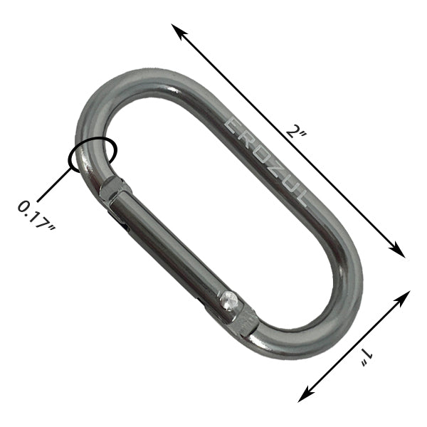The Erozul Aluminum Anodized Snap Hook Keyring Carabiner, measuring 2 x 1 with a 0.17 thickness and labeled dimensions, is perfect for EDC use.