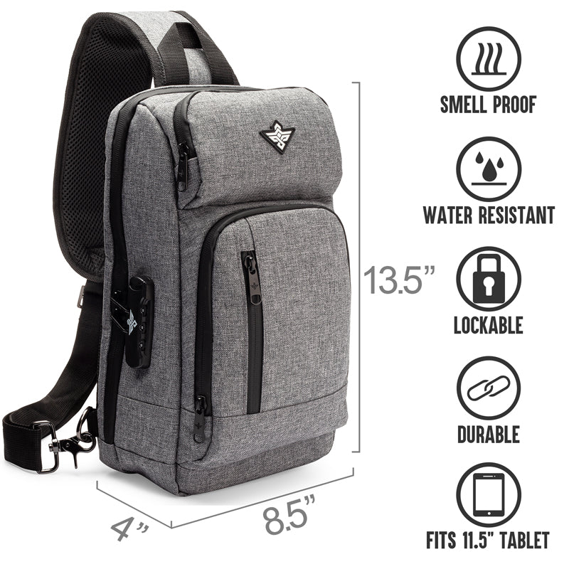 Gray sling backpack with multiple zippered compartments, showing dimensions (13.5 x 8.5 x 4) and features: smell proof, water resistant, lockable, durable, fits 11.5 tablet.