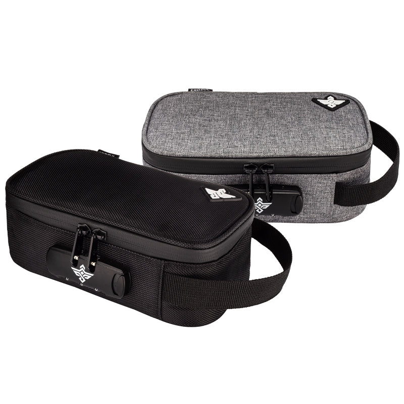 Two rectangular zippered carrying cases with handles, one in black and one in gray fabric, each featuring a lock and a small logo on the top corner.