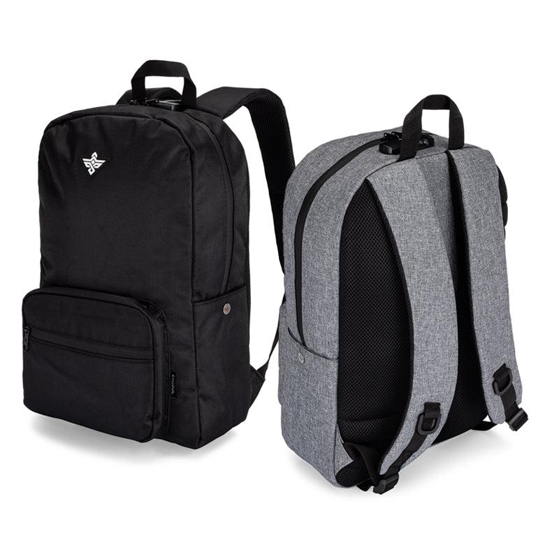 Two backpacks are shown: one black with a front pocket and logo, and one gray with padded straps and back panel, both standing upright on a white background.