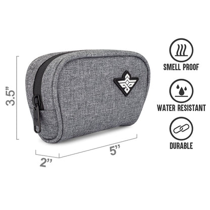 The Erozul Nano Small Smell Proof Slim Pack Pouch V2.0 is a gray zippered pouch (5x2x3.5) with icons for 5-layer technology, water resistance, and durability.