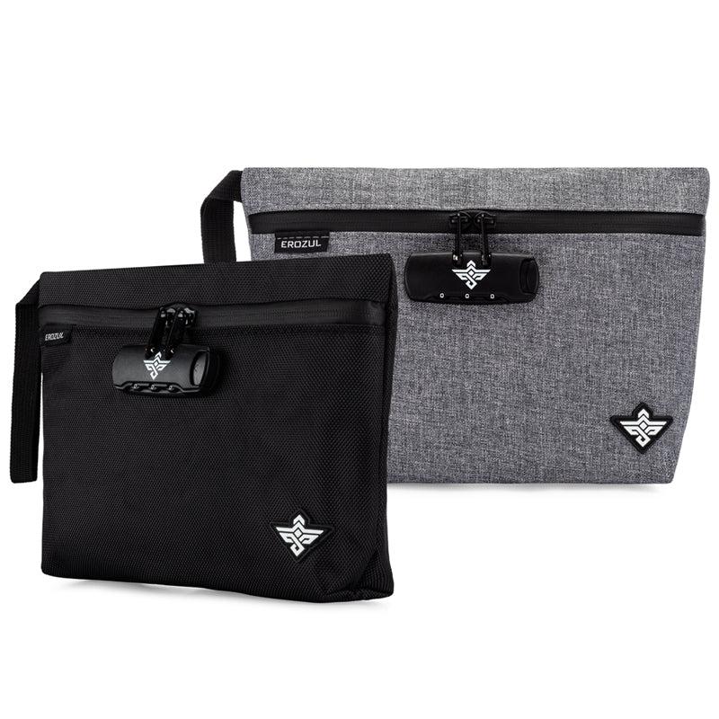 Two flat rectangular pouches, one black and one gray, each with a zipper, a lock, and a small white winged logo on the front.