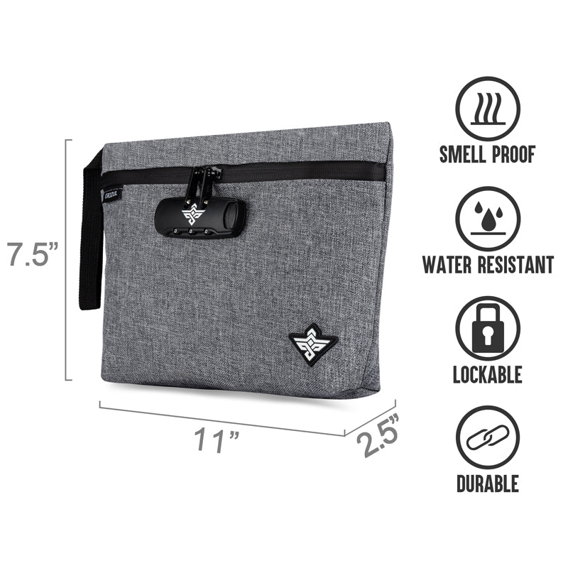 Gray zippered pouch with black lock, measuring 11 x 7.5 x 2.5 inches, shown with icons indicating it is smell proof, water resistant, lockable, and durable.