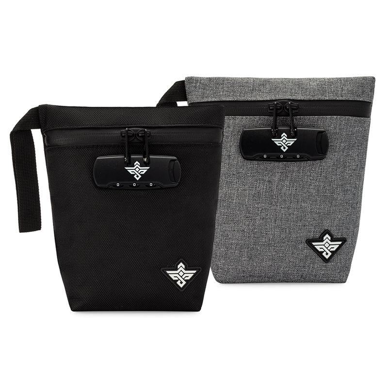 Two rectangular pouches, one black and one gray, each with a flap closure, clip, and an embroidered winged logo on the lower front.