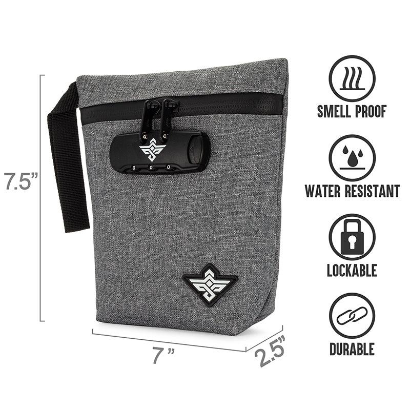 Gray smell-proof bag measuring 7.5” x 7” x 2.5” with a lock, black strap, and badge, labeled as water resistant, lockable, and durable.