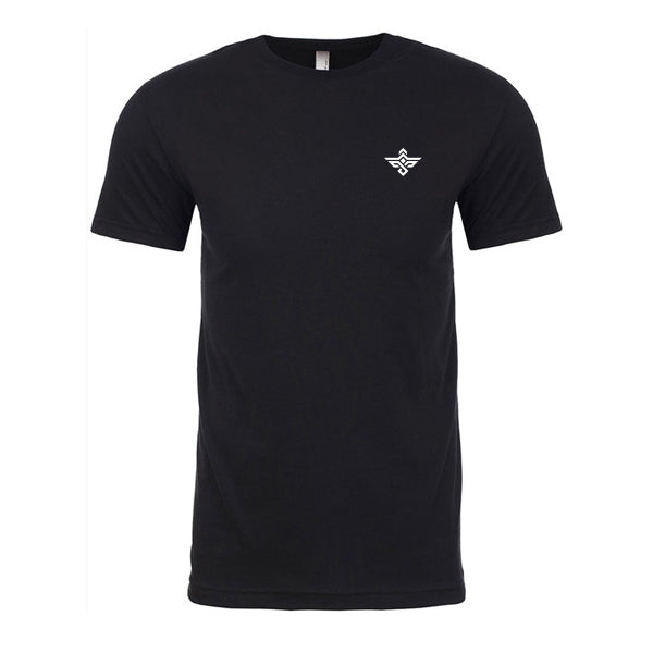 The Erozul Premium Crewneck T-Shirt in black features a small white geometric logo on the left chest, offering effortless style and comfort. Displayed on a white background. Brand: Erozul.