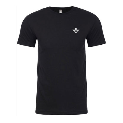 The Erozul Premium Crewneck T-Shirt in black features a small white geometric logo on the left chest, offering effortless style and comfort. Displayed on a white background. Brand: Erozul.