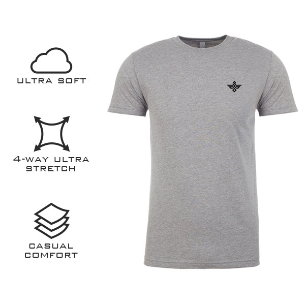 The Erozul Premium Crewneck T-Shirt - Gray is displayed with icons and text showcasing its ultra soft feel, 4-way ultra stretch, and superior comfort—delivering a high-quality, casual look from Erozul.