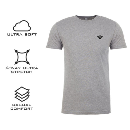 The Erozul Premium Crewneck T-Shirt - Gray is displayed with icons and text showcasing its ultra soft feel, 4-way ultra stretch, and superior comfort—delivering a high-quality, casual look from Erozul.