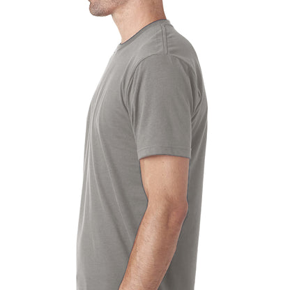 A man is shown from the side wearing the Erozul Premium Crewneck T-Shirt in gray against a plain white background, showcasing Erozuls modern style and superior comfort.