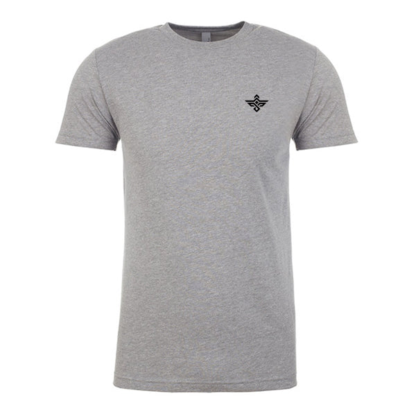 The Erozul Premium Crewneck T-Shirt - Gray by Erozul offers superior comfort, features a small black logo on the left chest, and is shown on a white background.