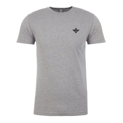 The Erozul Premium Crewneck T-Shirt - Gray by Erozul offers superior comfort, features a small black logo on the left chest, and is shown on a white background.