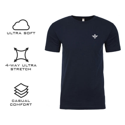 The Erozul Premium Crewneck T-Shirt in Navy Blue features a small white chest logo and icons highlighting its ultra soft, high-quality fabric, 4-way stretch, and superior comfort—perfect for casual wear.