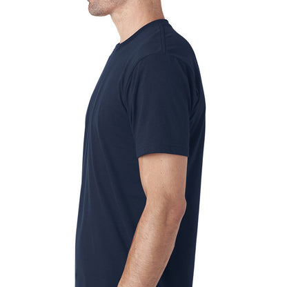 A man is shown in profile wearing the Erozul Premium Crewneck T-Shirt in navy blue, featuring short sleeves and superior comfort, against a white background.