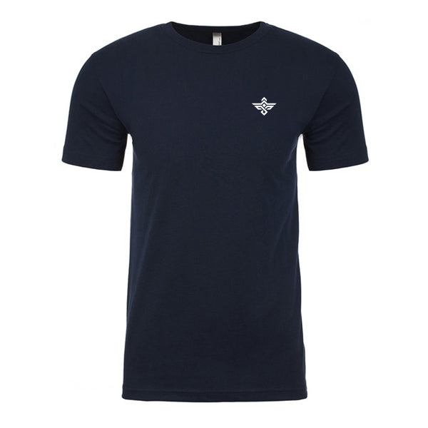 The Erozul Premium Crewneck T-Shirt in navy blue features a small white abstract logo on the left chest, offering superior comfort and premium quality.