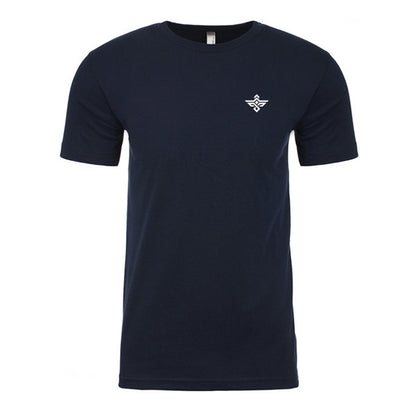 The Erozul Premium Crewneck T-Shirt in navy blue features a small white abstract logo on the left chest, offering superior comfort and premium quality.