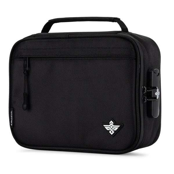 The Erozul Exodus Smell Proof Case With Combination Lock is a black rectangular bag with a top handle, front zipper pocket, and small logo. Its activated charcoal lining keeps your items fresh and odor-free all day.
