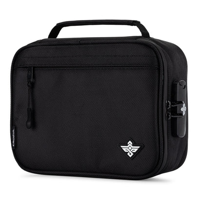 The Erozul Exodus Smell Proof Case With Combination Lock is a black rectangular bag with a top handle, front zipper pocket, and small logo. Its activated charcoal lining keeps your items fresh and odor-free all day.