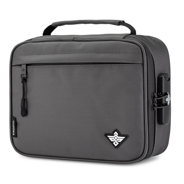 The Erozul Exodus Smell Proof Case is a gray rectangular bag with a top handle, front zipper pocket, and small lower right emblem. A TSA-approved combination lock is attached on the right side for added security.