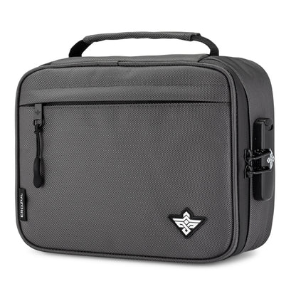 The Erozul Exodus Smell Proof Case is a gray rectangular bag with a top handle, front zipper pocket, and small lower right emblem. A TSA-approved combination lock is attached on the right side for added security.