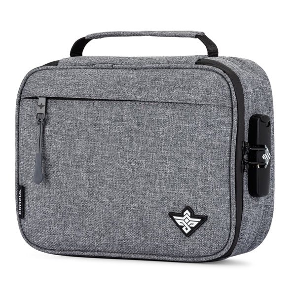 The Erozul Exodus Smell Proof Case features gray fabric, a front zipper pocket, top handle, TSA-approved combination lock, geometric logo on the front corner, and odor-blocking activated charcoal lining.