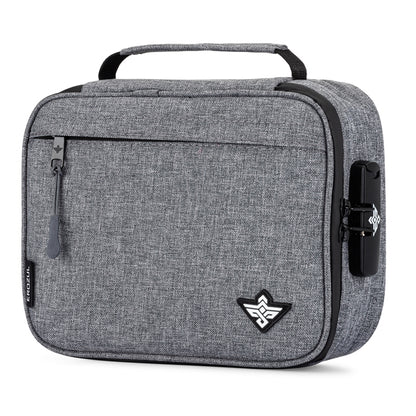 The Erozul Exodus Smell Proof Case features gray fabric, a front zipper pocket, top handle, TSA-approved combination lock, geometric logo on the front corner, and odor-blocking activated charcoal lining.