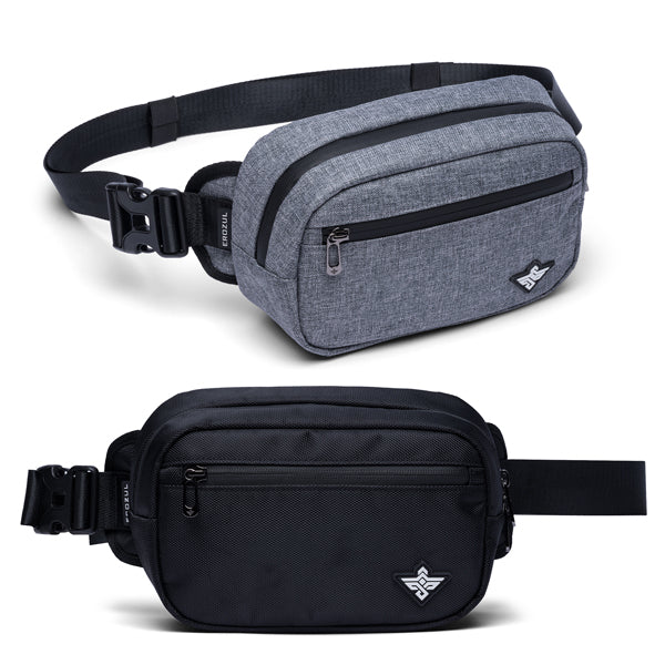 Two waist bags are shown, one in gray and one in black, each with zippered compartments and adjustable straps, featuring a small winged logo on the lower right corner.