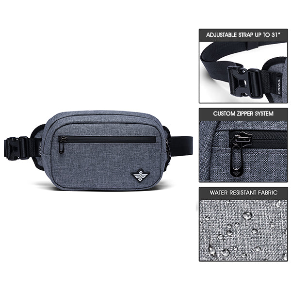 The Erozul Fortuna Smell Proof Crossbody Fanny Pack Bag in gray features a front zipper pocket, adjustable strap, custom zipper system, smell proof lining, and water-resistant fabric—ideal for stylish hands-free carry.