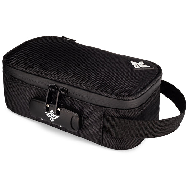 The Erozul Genesis Storage Travel Case is a black, rectangular, water-resistant organizer bag with a combination lock, textured surface, side handle, and a small top-corner logo—perfect for travel.