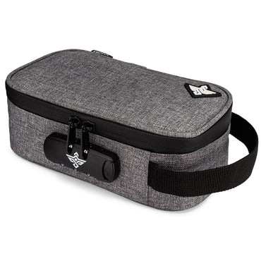 The Erozul Genesis Storage Travel Case is a grey, rectangular, water-resistant fabric organizer with a black handle, dual zipper pulls, and built-in combination lock—ideal for secure travel storage.