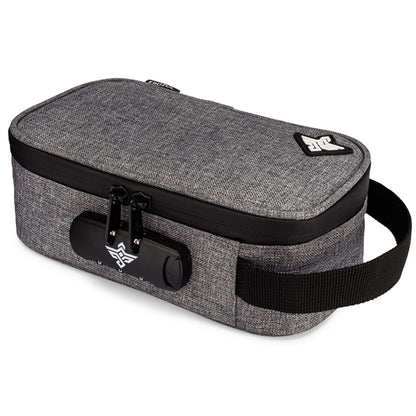 The Erozul Genesis Storage Travel Case is a grey, rectangular, water-resistant fabric organizer with a black handle, dual zipper pulls, and built-in combination lock—ideal for secure travel storage.