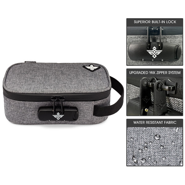 The Erozul Genesis Storage Travel Case features a built-in combination lock, YKK zippers, and water-resistant fabric—perfect as a smell proof organizer bag for secure travel. Close-ups showcase each premium Erozul feature.