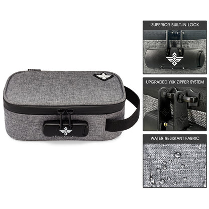 The Erozul Genesis Storage Travel Case features a built-in combination lock, YKK zippers, and water-resistant fabric—perfect as a smell proof organizer bag for secure travel. Close-ups showcase each premium Erozul feature.