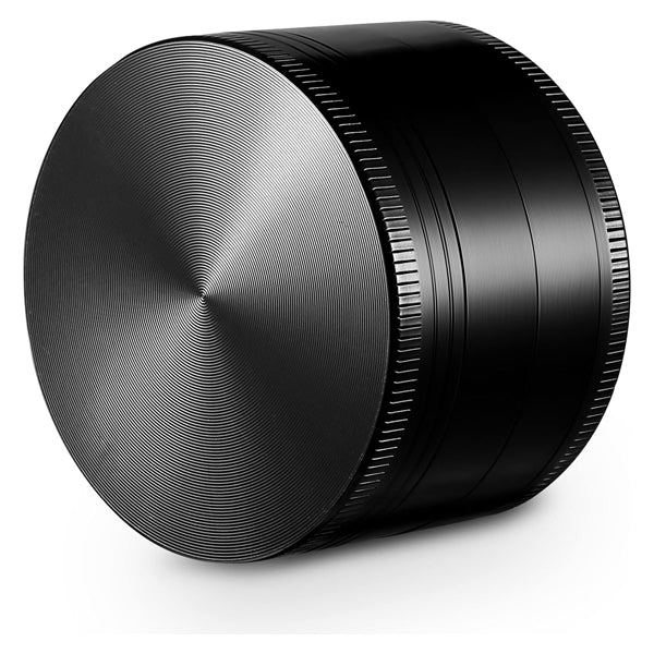 A large, black cylindrical metal herb grinder by Erozul with a textured surface and concentric circular face pattern—get it 100% off in your next BOGO Bundle from BOGOS.io.