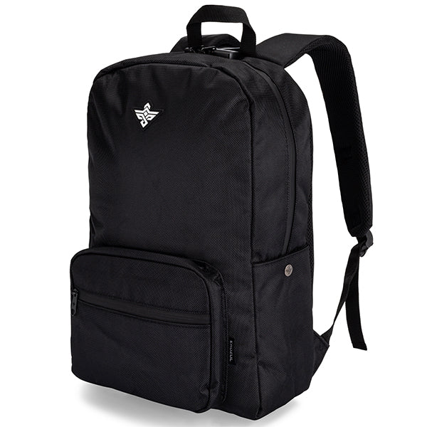 The Erozul Legend Travel Laptop Backpack by Erozul features a black, weather-resistant, smell-proof design with anti-theft lock, front zip pocket, side snap button, adjustable straps, and a white logo to keep your belongings secure.