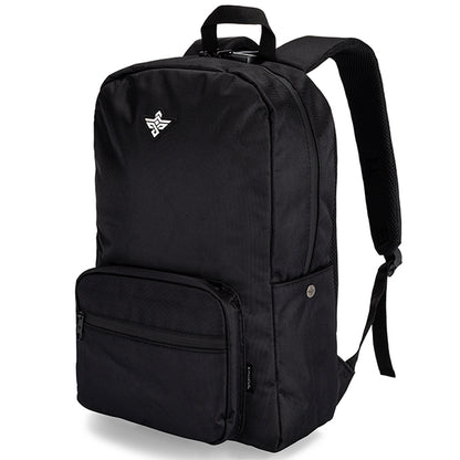 The Erozul Legend Travel Laptop Backpack by Erozul features a black, weather-resistant, smell-proof design with anti-theft lock, front zip pocket, side snap button, adjustable straps, and a white logo to keep your belongings secure.