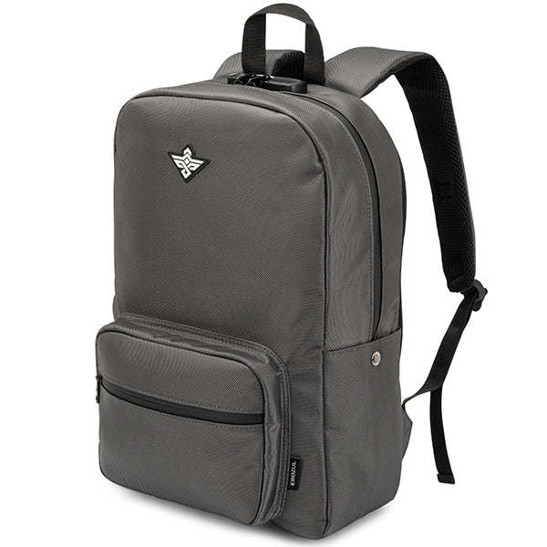The Erozul Legend Travel Laptop Backpack by Erozul features a secure gray design with black straps, front zip pocket, small upper logo, and a lockable main compartment with an anti-theft combination lock. Weather resistant. Bonus gifts included.