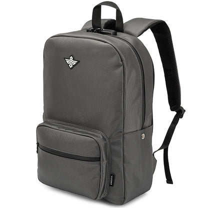 The Erozul Legend Travel Laptop Backpack by Erozul features a secure gray design with black straps, front zip pocket, small upper logo, and a lockable main compartment with an anti-theft combination lock. Weather resistant. Bonus gifts included.