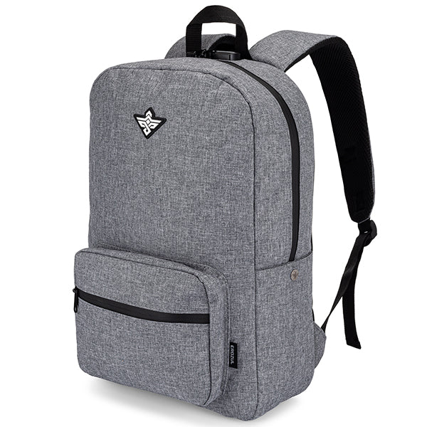 The Erozul Legend Travel Laptop Backpack is a gray, smell-proof, weather-resistant bag with a front zip pocket, black zippers, small black-and-white Erozul logo, combination lock, and adjustable black straps. Bonus gifts included.